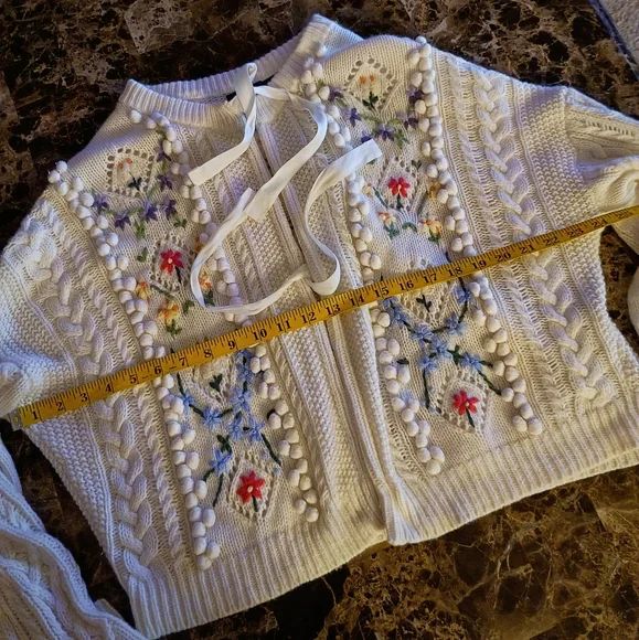 Polo Ralph Lauren Embroidered Floral Chunky Cable Knit Wool Cardigan Sweater - Picture 14 of 16